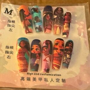 Disney Moana Press On Nails Long Coffin Custom Character Art Size M 10pc Set